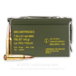 PPU .308 (7.62x51mm) FMJBT 145 Grain 500 Rounds with Can